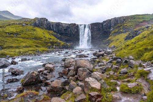 Gufufoss, a picturesque waterfall alongside the Fjarðará river, offers a breathtaking natural scene near Seyðisfjörður in eastern Iceland