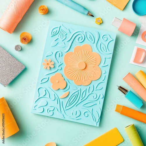 Colorful Craft Supplies and Floral Embellishments on a Bright Teal Background for Creative Projects photo