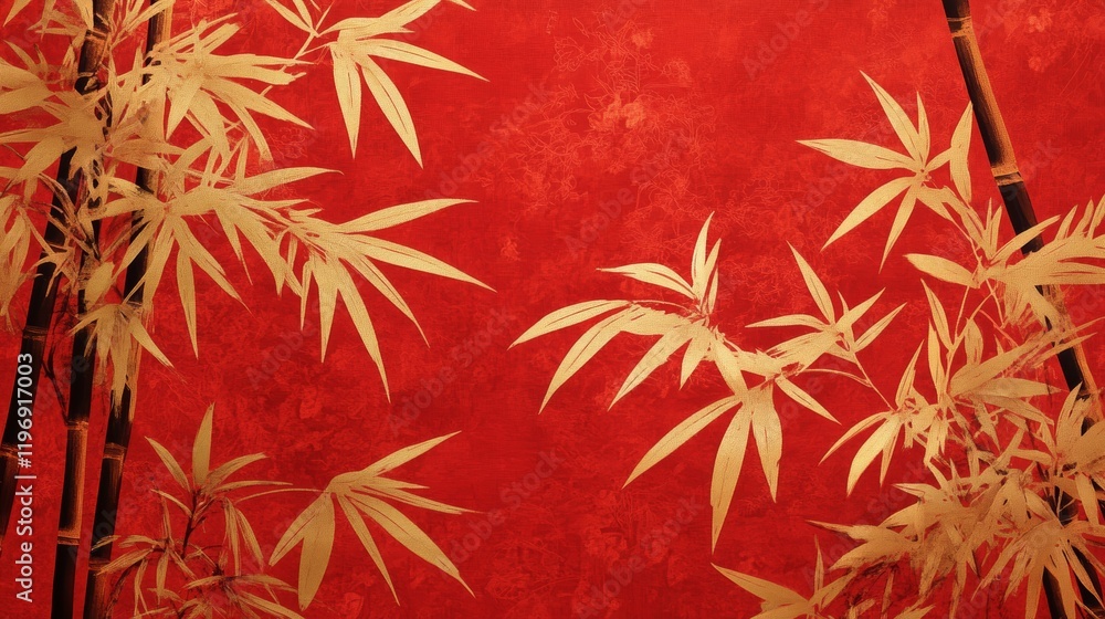 Luxurious golden bamboo leaves and stems on a vibrant red textured background, evoking an elegant Asian-inspired design.
Luxurious golden bamboo leaves and stems on a vibrant red textured background, evoking an elegant Asian-inspired design.