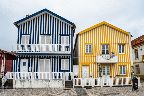 Street with colorful houses. Street with striped houses, Costa Nova, Aveiro, Portugal