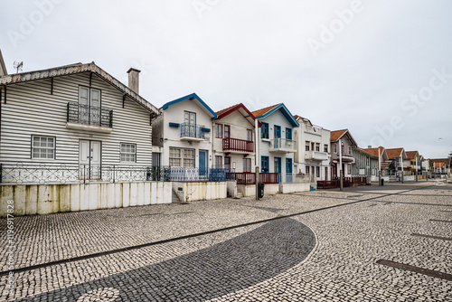 Street with colorful houses. Street with striped houses, Costa Nova, Aveiro, Portugal