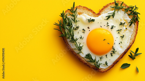 Fried Egg in Heart Shape on Isolated Yellow Background