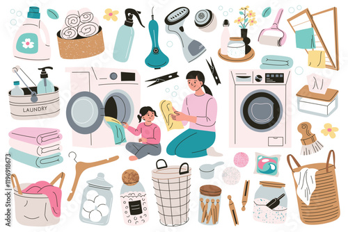 Vector illustration of laundry set, cute cartoon characters, woman and girl do laundry. Washing machines, detergent, towels, doodle baskets, cleaning tools for home, household and fabric care