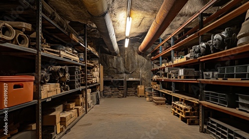 Wallpaper Mural Underground Storage Industrial Parts, Cave Warehouse, Metal, Rock, Shelving Torontodigital.ca