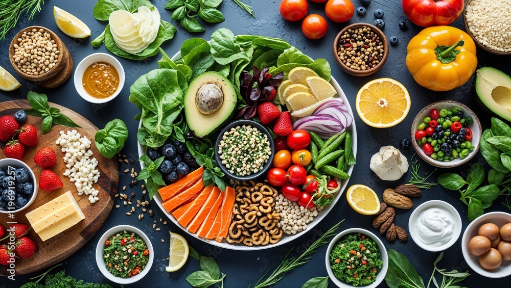 Healthy Food for a Balanced Flexitarian Mediterranean Diet, Emphasizing Fresh Ingredients and Nutrient-Rich Meals Healthy Food for a Balanced Flexitarian Mediterranean Diet, Emphasizing Fresh Ingredients and Nutrient-Rich Meals