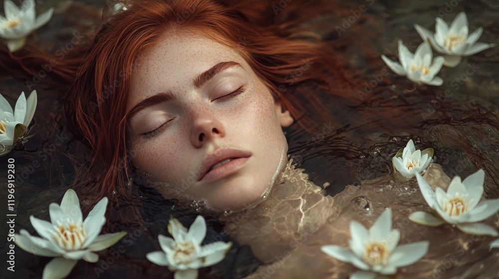 Modern Ophelia Interpretation, Red-Haired Woman Drowned in Lily Pond, Silk Gown, White Lotus Blossoms, Fantasy Art, Soft Focus, Dreamlike Atmosphere Modern Ophelia Interpretation, Red-Haired Woman Drowned in Lily Pond, Silk Gown, White Lotus Blossoms, Fantasy Art, Soft Focus, Dreamlike Atmosphere