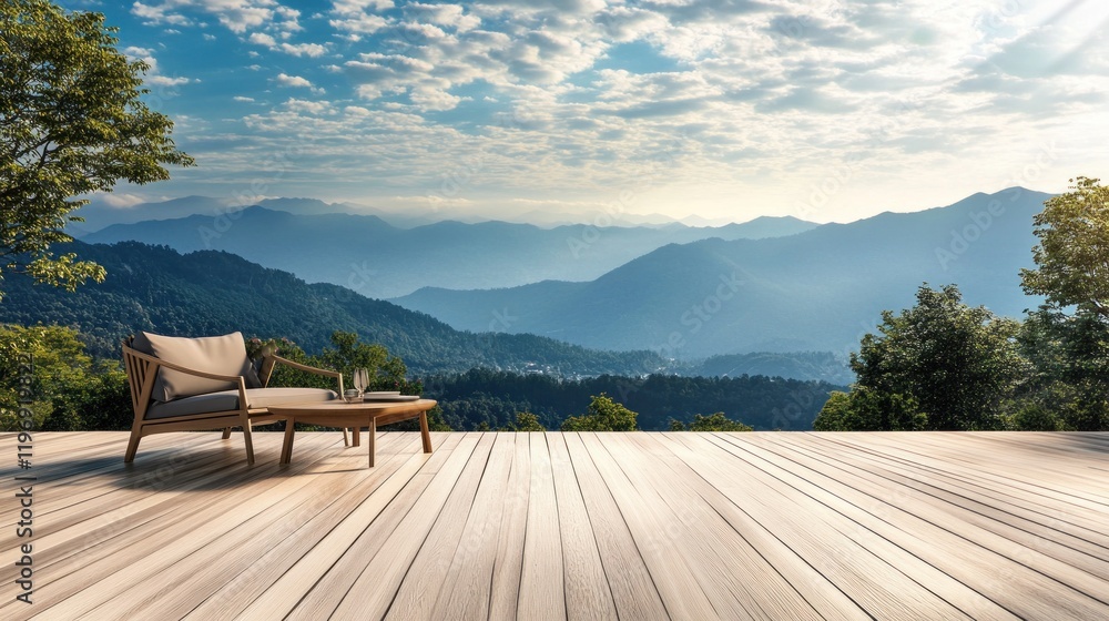 Serene Mountain Vista: Relaxation on a Wooden Deck Serene Mountain Vista: Relaxation on a Wooden Deck