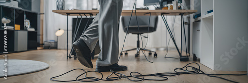 Hidden Dangers: A Close-Up Look at the Tripping Hazard of Loose Wires, Emphasizing Workplace Safety and Accident Prevention. Illustrative Image for Safety Manuals, Websites, and Educational Materials.