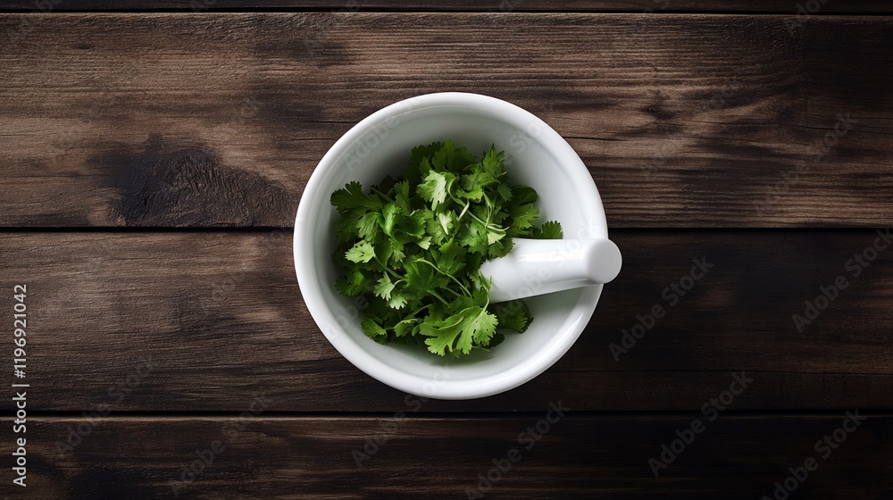 Cilantro in a White Mortar and Pestle on a Wooden Surface Cilantro in a White Mortar and Pestle on a Wooden Surface