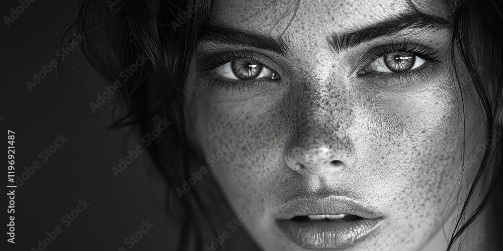 Close-up portrait of a woman with freckles on her face Close-up portrait of a woman with freckles on her face