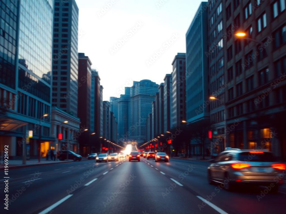 A city street at night, with cars traveling through tall buildings. A city street at night, with cars traveling through tall buildings.