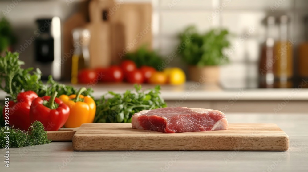 Raw Steak on Wooden Cutting Board in Modern Kitchen Raw Steak on Wooden Cutting Board in Modern Kitchen