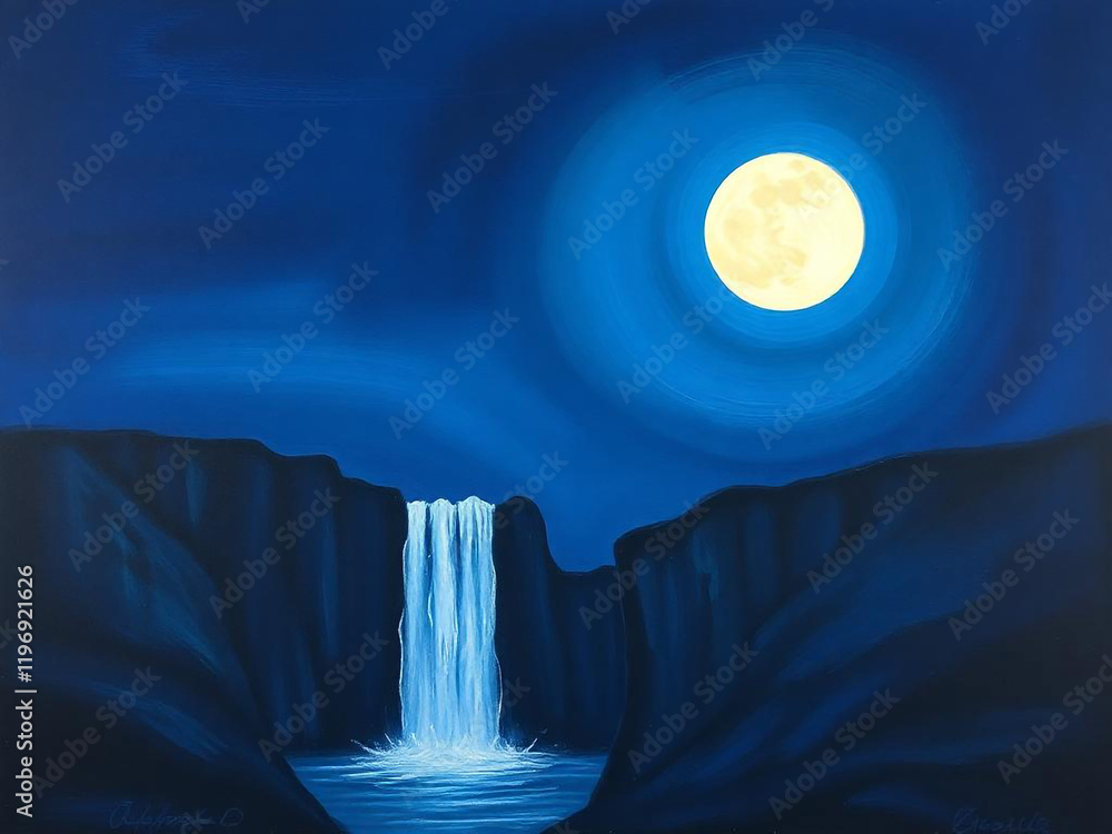 Fototapeta premium A digital painting shows a waterfall at night under a bright full moon, surrounded by dark cliffs.