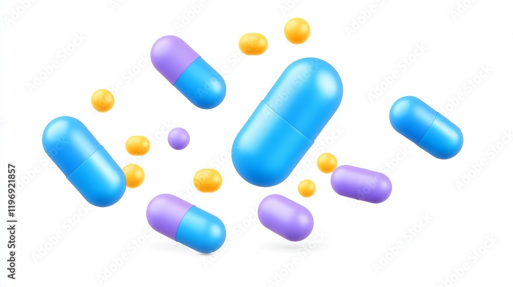 A colorful illustration of various pills and capsules in blue, purple, and yellow, representing medicine and health supplements. A colorful illustration of various pills and capsules in blue, purple, and yellow, representing medicine and health supplements.