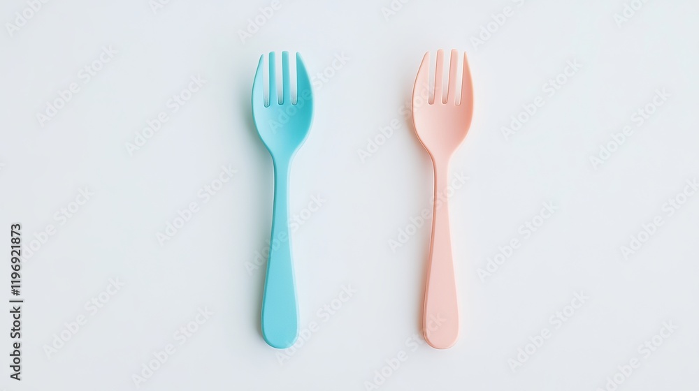 A matching spoon and fork set for babies, shown isolated against a white background A matching spoon and fork set for babies, shown isolated against a white background