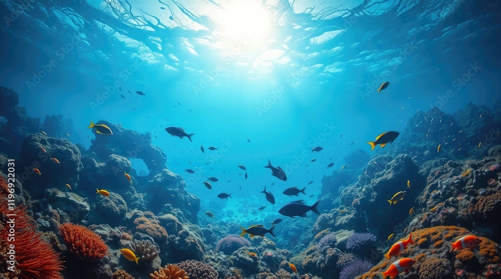 Naklejka premium underwater scene featuring a vibrant coral reef and exotic fish, illuminated by epic, lens-glow lighting, showcasing a modern