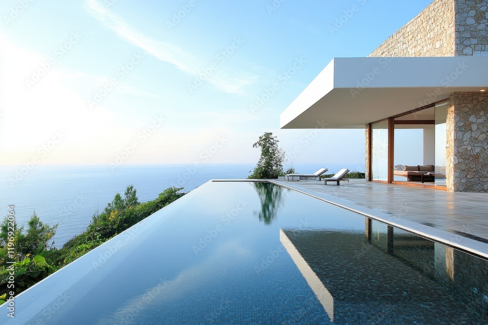 Fototapeta premium Modern villa with infinity pool overlooking the ocean at sunset in a tropical paradise