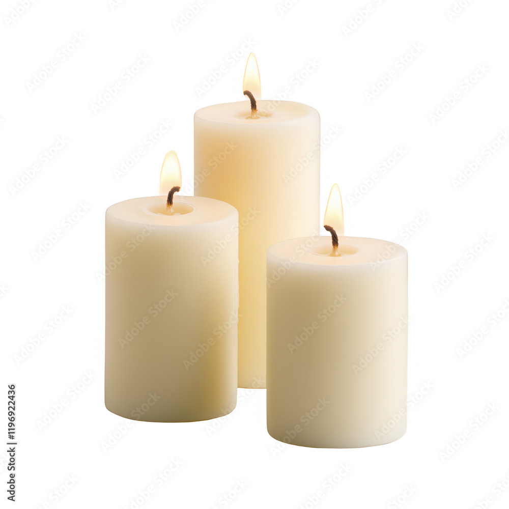 Three elegant white candles burning softly in a calming ambiance., isolated on a transparent background. Three elegant white candles burning softly in a calming ambiance., isolated on a transparent background.