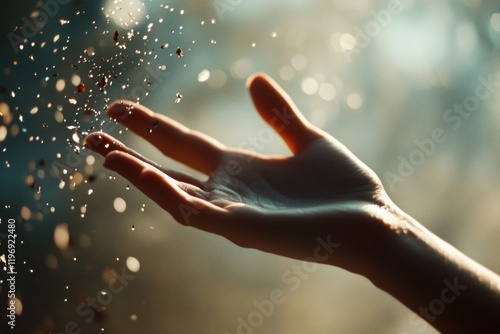 A person's hand stretching out to grab a sprinkle of water, ideal for uses where moisture and hydration are key photo