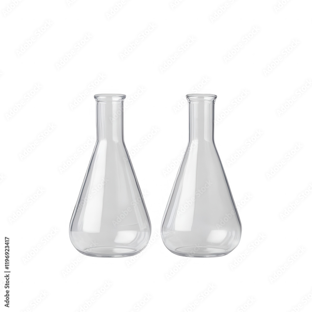 Two glass flasks for laboratory experiments and chemical analysis., isolated on a transparent background. Two glass flasks for laboratory experiments and chemical analysis., isolated on a transparent background.