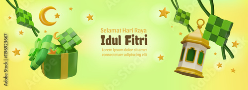 3d vector banner with Ramadan elements: Arabic lamp, ketupat in gift box, moon and stars.