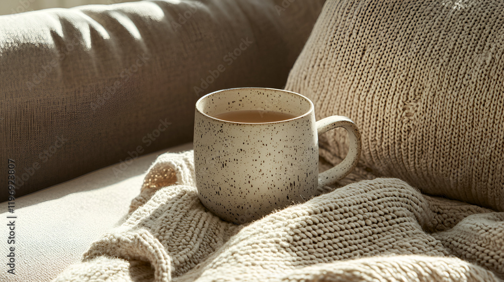 Cozy morning with a warm drink on a comfy couch, bathed in sunlight. Cozy morning with a warm drink on a comfy couch, bathed in sunlight.