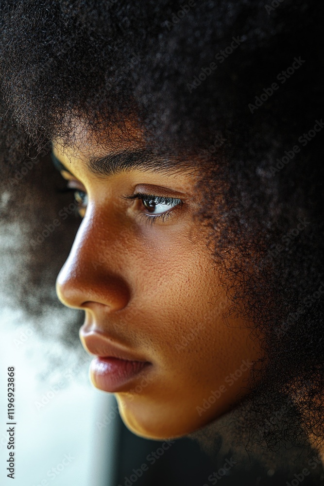 A close-up shot of a person with a natural afro hairstyle, ideal for use in beauty, education or lifestyle content A close-up shot of a person with a natural afro hairstyle, ideal for use in beauty, education or lifestyle content