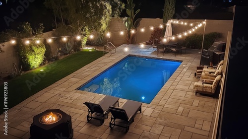 Nighttime Poolside Paradise: Illuminated Backyard Oasis