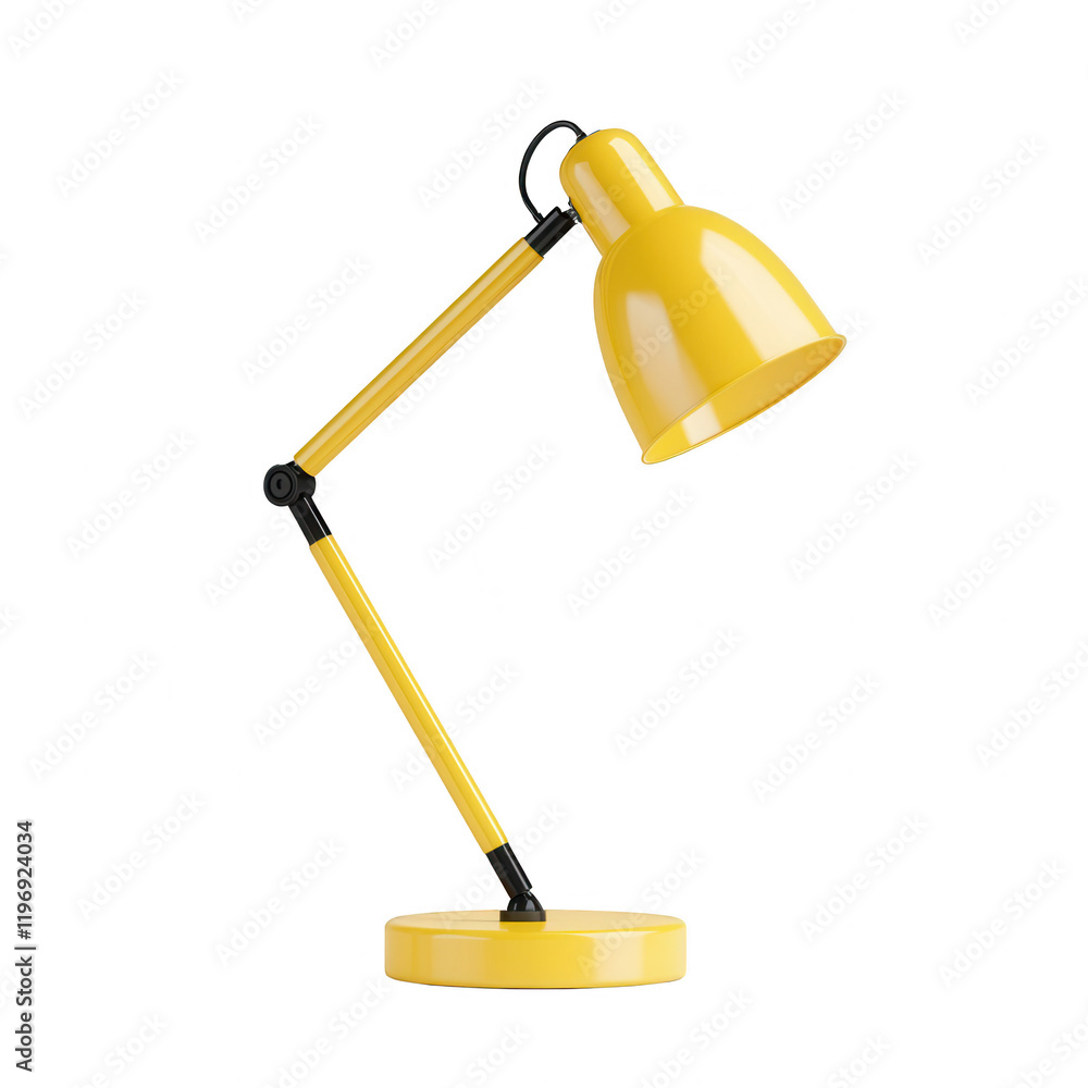 Fototapeta premium Vibrant yellow desk lamp illuminating a workspace, enhancing productivity and creativity., isolated on a transparent background.