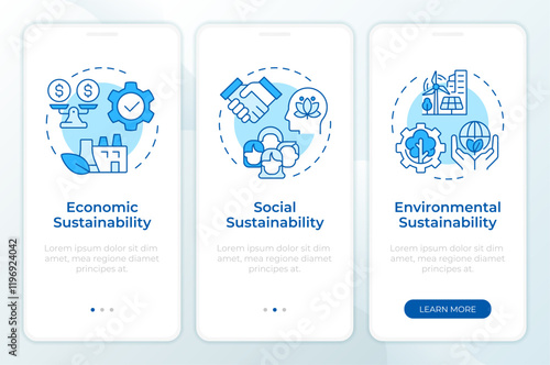 Sustainability pillars blue onboarding mobile app screen. Walkthrough 3 steps editable graphic instructions with linear concepts. UI, UX, GUI template. Montserrat SemiBold, Regular fonts used