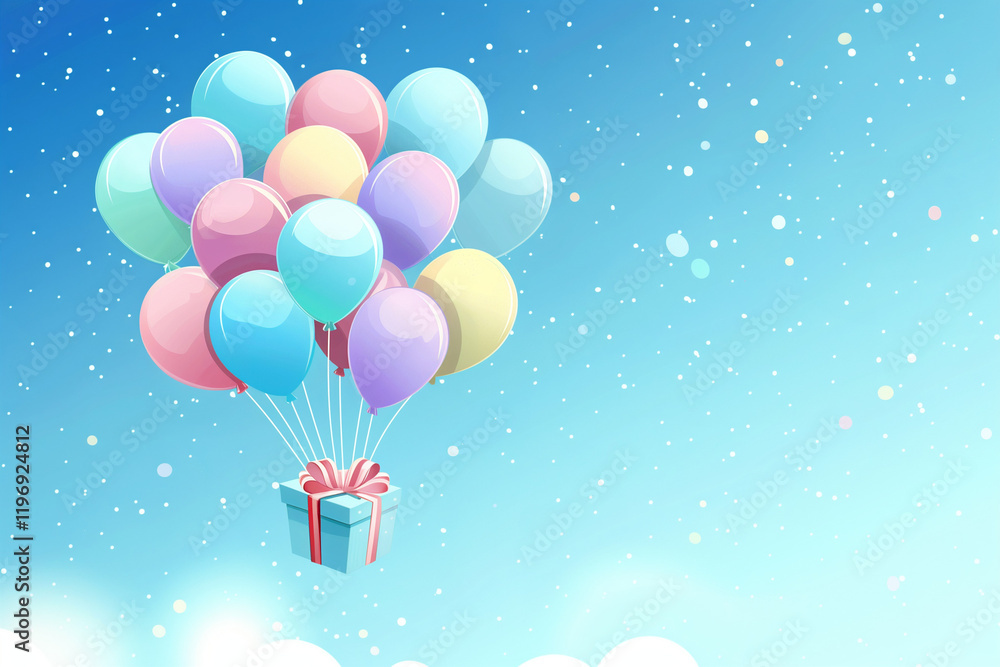 Obraz premium Children's Day card with a bunch of flying balloons and a gift box on a blue sky background. Happy Birthday and Happy Valentine's Day greetings. Gift box, balloons on a blue isolated background.