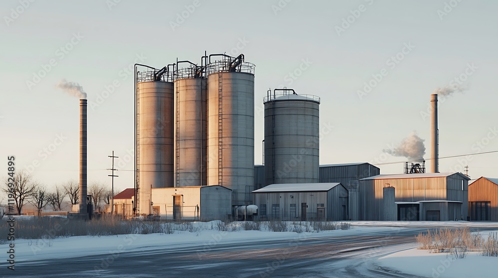Industrial plant with silos in winter landscape. Industrial plant with silos in winter landscape.