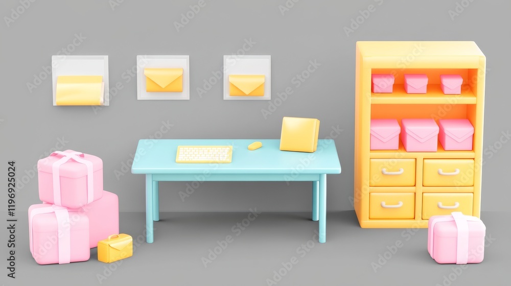 Fototapeta premium A colorful miniature workspace scene featuring a desk, storage unit, and various gift boxes.