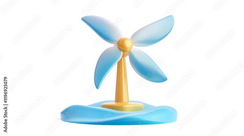 A stylized, colorful wind turbine model with three blades, set on a blue base, representing renewable energy and sustainability. A stylized, colorful wind turbine model with three blades, set on a blue base, representing renewable energy and sustainability.