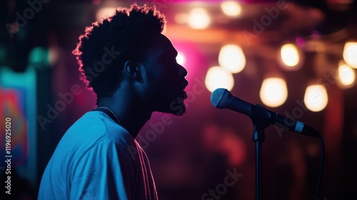 A poet performing spoken word on a small stage with dim lighting photo