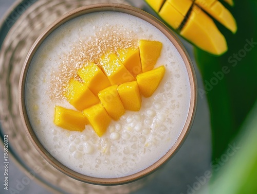 A delicious and nutritious mango parfait with yogurt and granola, topped with fresh mango slices. photo