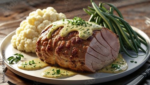 Fotografija A perfectly roasted keto pork tenderloin drizzled with a garlic herb butter sauc