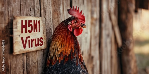 Avian Flu monitoring concept. A rooster stands beside a sign reading 