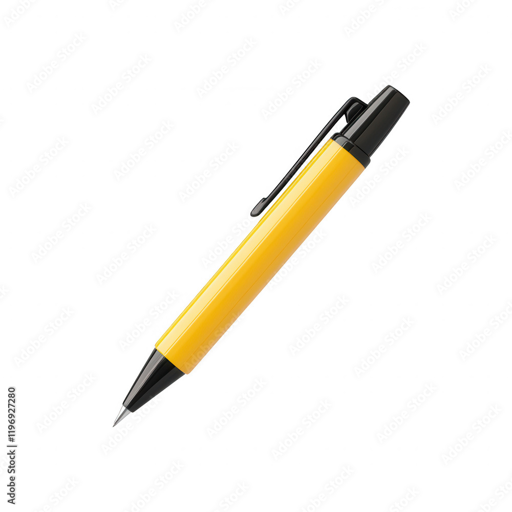 A close-up view of a yellow ballpoint pen on a white background for creative designs., isolated on a transparent background. A close-up view of a yellow ballpoint pen on a white background for creative designs., isolated on a transparent background.