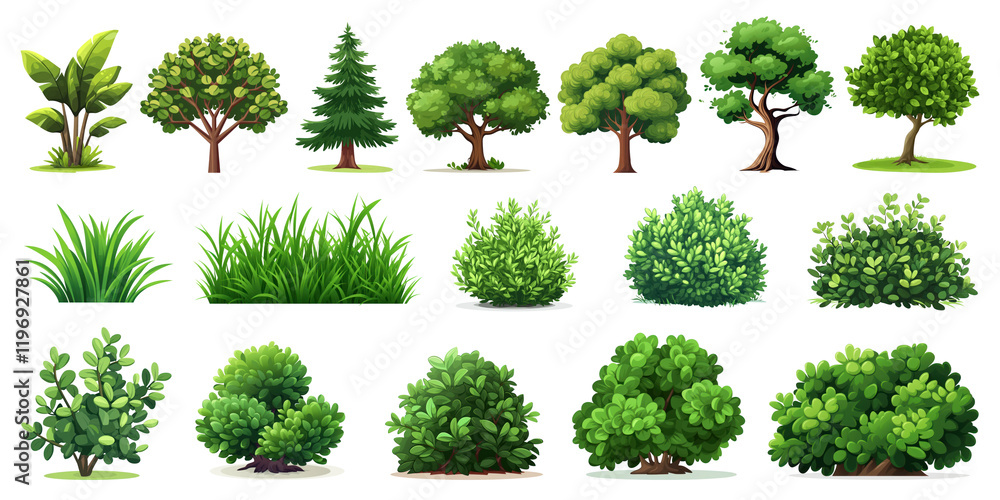 Fototapeta premium Cartoon tree and bush png cut out element set, transparent background
