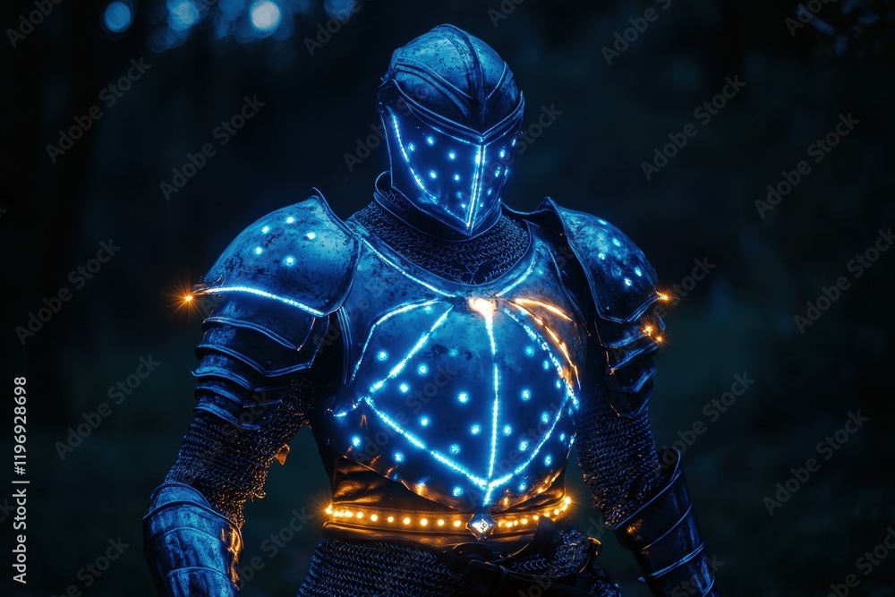 Fototapeta premium Knight in illuminated armor stands in a dark forest, showcasing an artistic light display