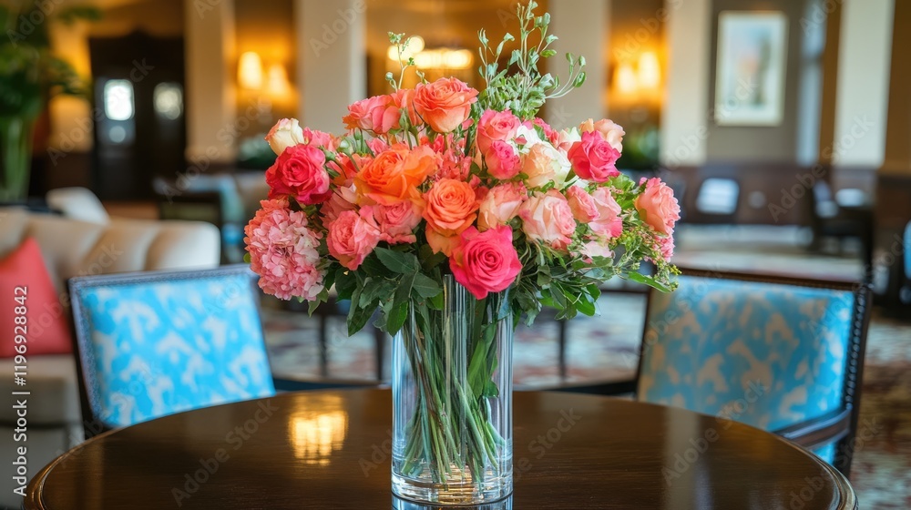 Obraz premium A bright and welcoming reception area with a floral centerpiece in a glass vase.