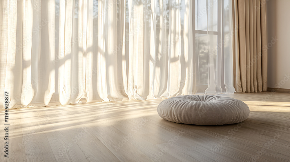 Sunlit room with sheer curtains and a round floor cushion. Peaceful and serene atmosphere, perfect for relaxation or meditation. Sunlit room with sheer curtains and a round floor cushion. Peaceful and serene atmosphere, perfect for relaxation or meditation.