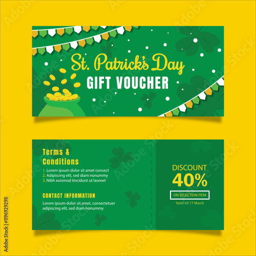 St patricks day gift voucher template with discount offer in green festive vector design