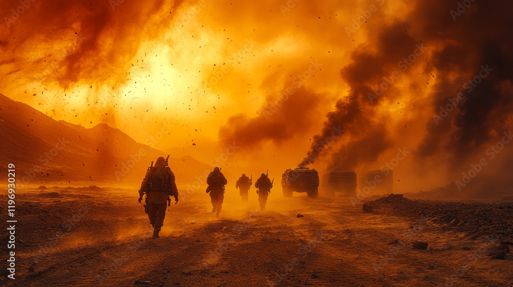 A blazing desert scene where a team of renegades fends off an armored convoy, dust swirling in the scorching wind, A blazing desert scene where a team of renegades fends off an armored convoy, dust swirling in the scorching wind,