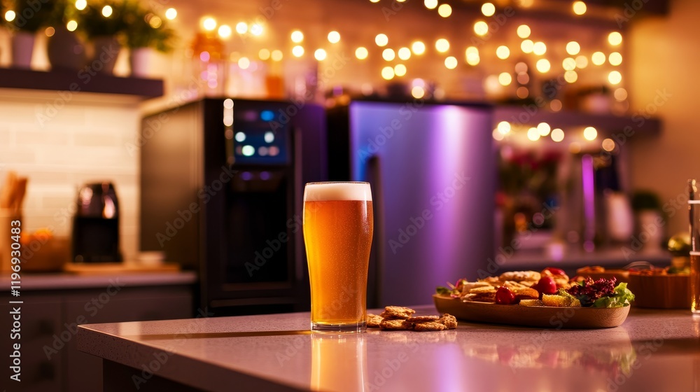 A cozy setting featuring a beer, snacks, and warm lights, perfect for relaxation. A cozy setting featuring a beer, snacks, and warm lights, perfect for relaxation.