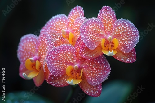 A close-up shot of a flower with tiny water droplets glistening on its petals, perfect for use in designs related to nature and beauty photo