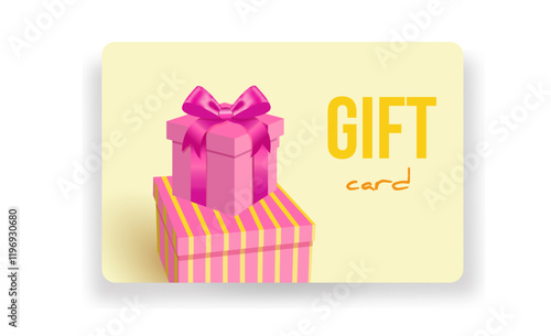 Vector Gift Card and Blank Gift Certificate with pink gift box Silk Ribbon and  Satin Bow . Greeting or Sale Card, voucher,  Isolated. Birthday, Christmas, Party Gifts, Invitation