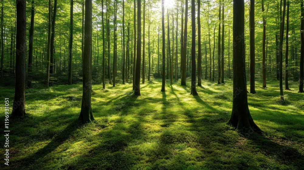 Fototapeta premium Sunlit Forest Path: A Tranquil Scene of Nature's Serenity