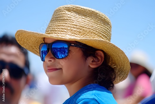 Child in Straw Hat and Sunglasses Outdoors photo